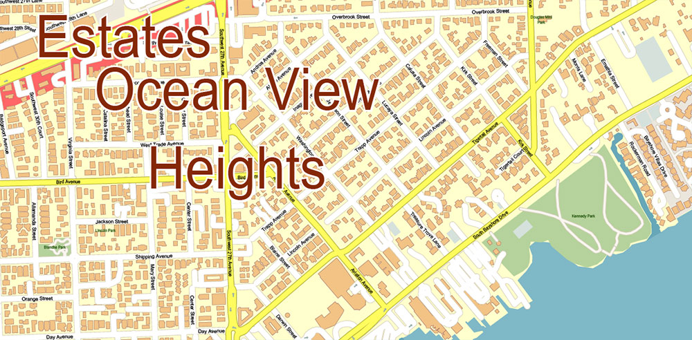 Coconut Grove Miami Florida US Map Vector Exact City Plan High Detailed Street Map editable Adobe Illustrator and PDF in layers