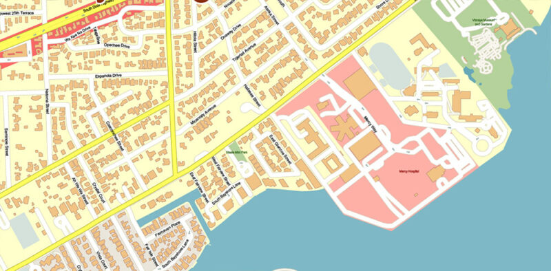 Coconut Grove Miami Florida US Map Vector Exact City Plan High Detailed Street Map editable Adobe Illustrator and PDF in layers