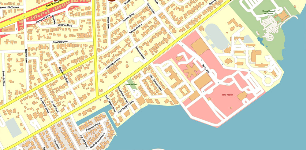 Coconut Grove Miami Florida US Map Vector Exact City Plan High Detailed Street Map editable Adobe Illustrator and PDF in layers
