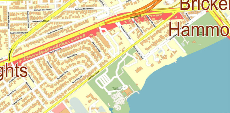 Coconut Grove Miami Florida US Map Vector Exact City Plan High Detailed Street Map editable Adobe Illustrator and PDF in layers