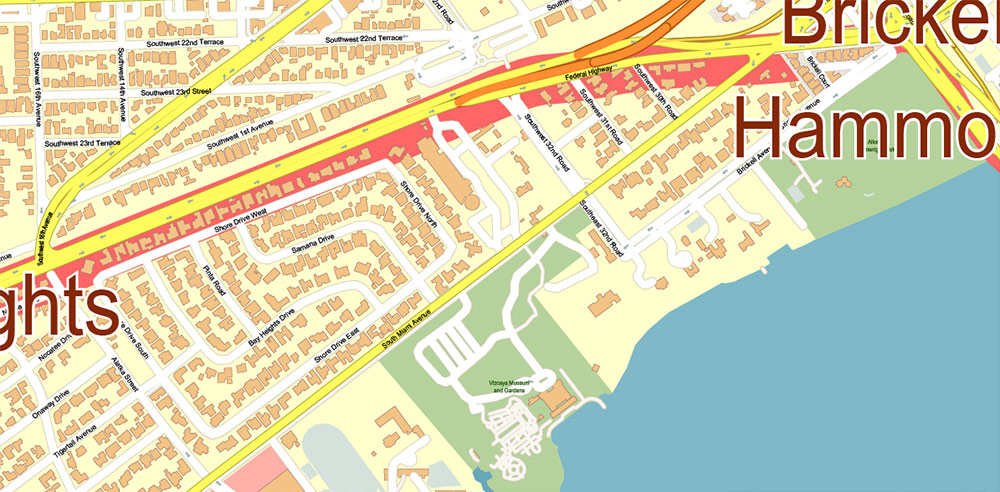 Coconut Grove Miami Florida US Map Vector Exact City Plan High Detailed Street Map editable Adobe Illustrator and PDF in layers