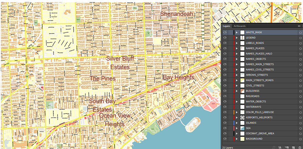 Coconut Grove Miami Florida US Map Vector Exact City Plan High Detailed Street Map editable Adobe Illustrator and PDF in layers