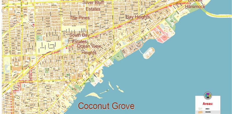 Coconut Grove Miami Florida US Map Vector Exact City Plan High Detailed Street Map editable Adobe Illustrator and PDF in layers