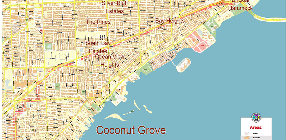 Coconut Grove Miami Florida US Map Vector Exact City Plan High Detailed Street Map editable Adobe Illustrator and PDF in layers