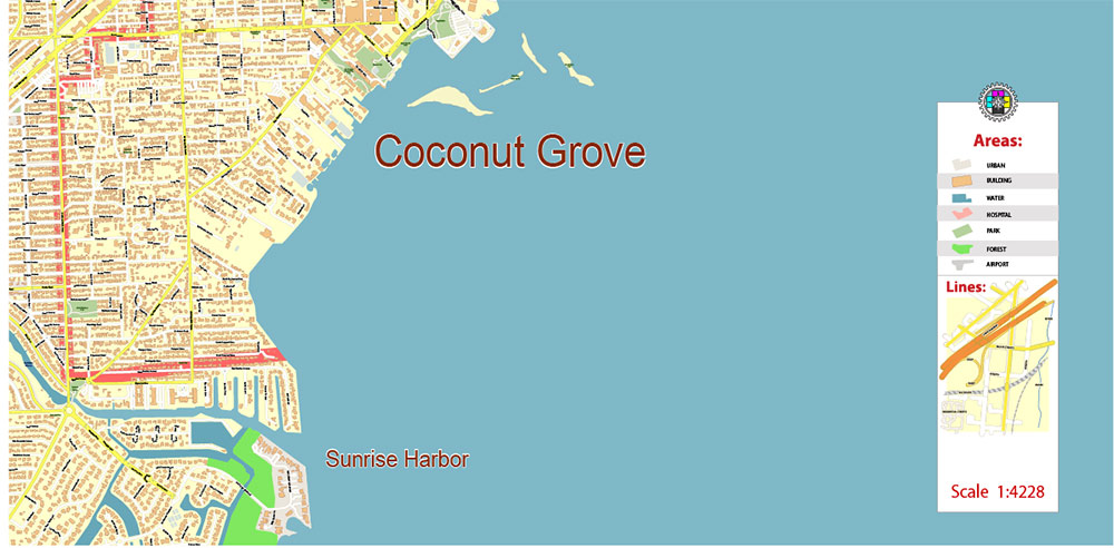 Coconut Grove Miami Florida US Map Vector Exact City Plan High Detailed Street Map editable Adobe Illustrator and PDF in layers