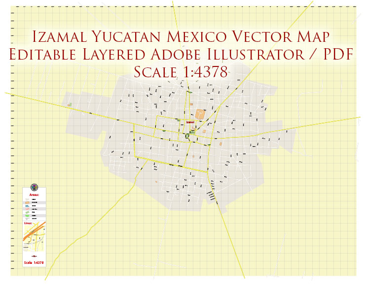 Izamal Yucatan Mexico Vector Map High Detailed editable layered Adobe Illustrator + PDF