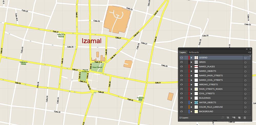Izamal Yucatan Mexico Vector Map High Detailed editable layered Adobe Illustrator + PDF