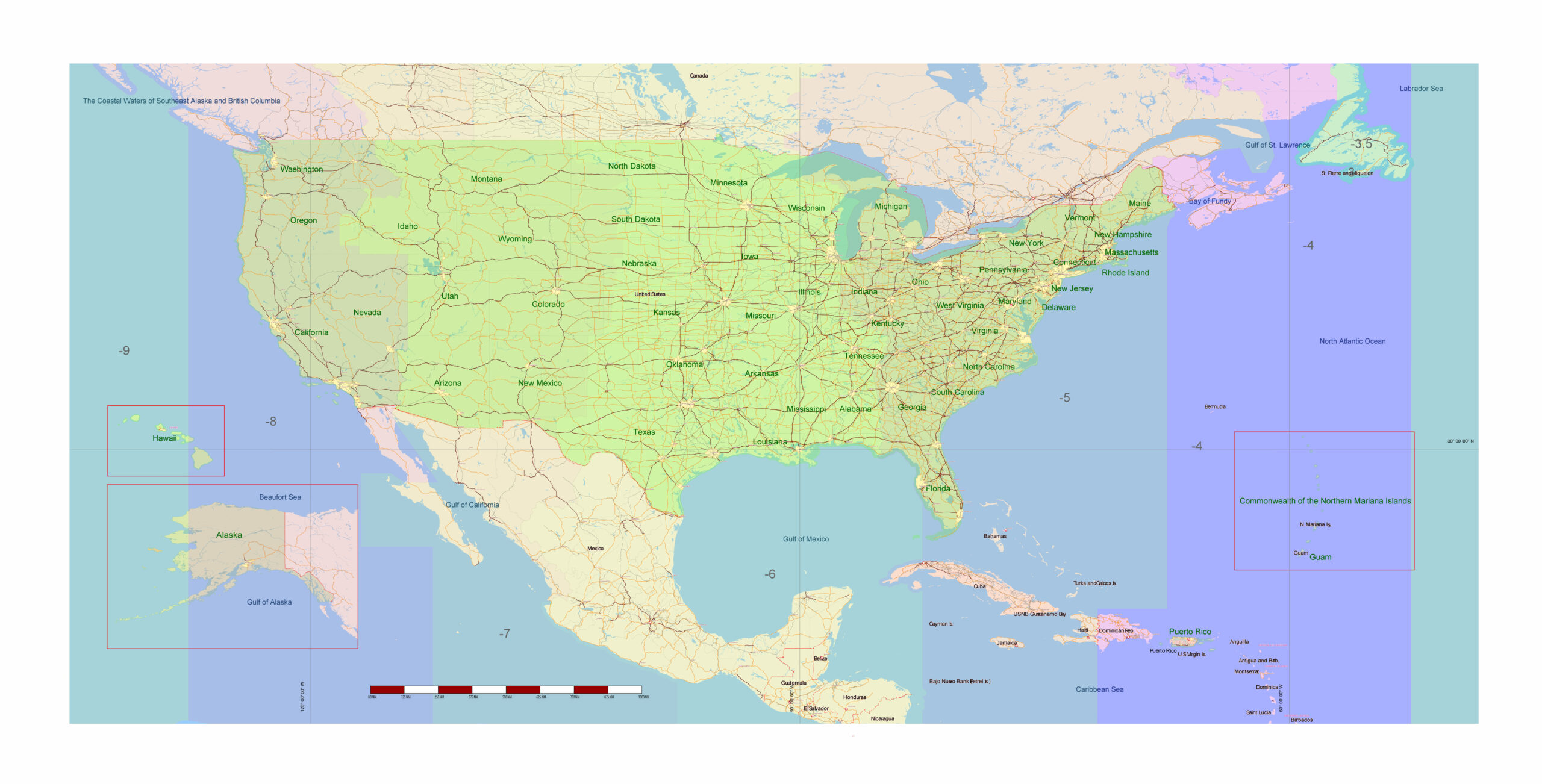 USA Adobe Illustrator vector map in English - HIGH DETAILED, colored, layered
