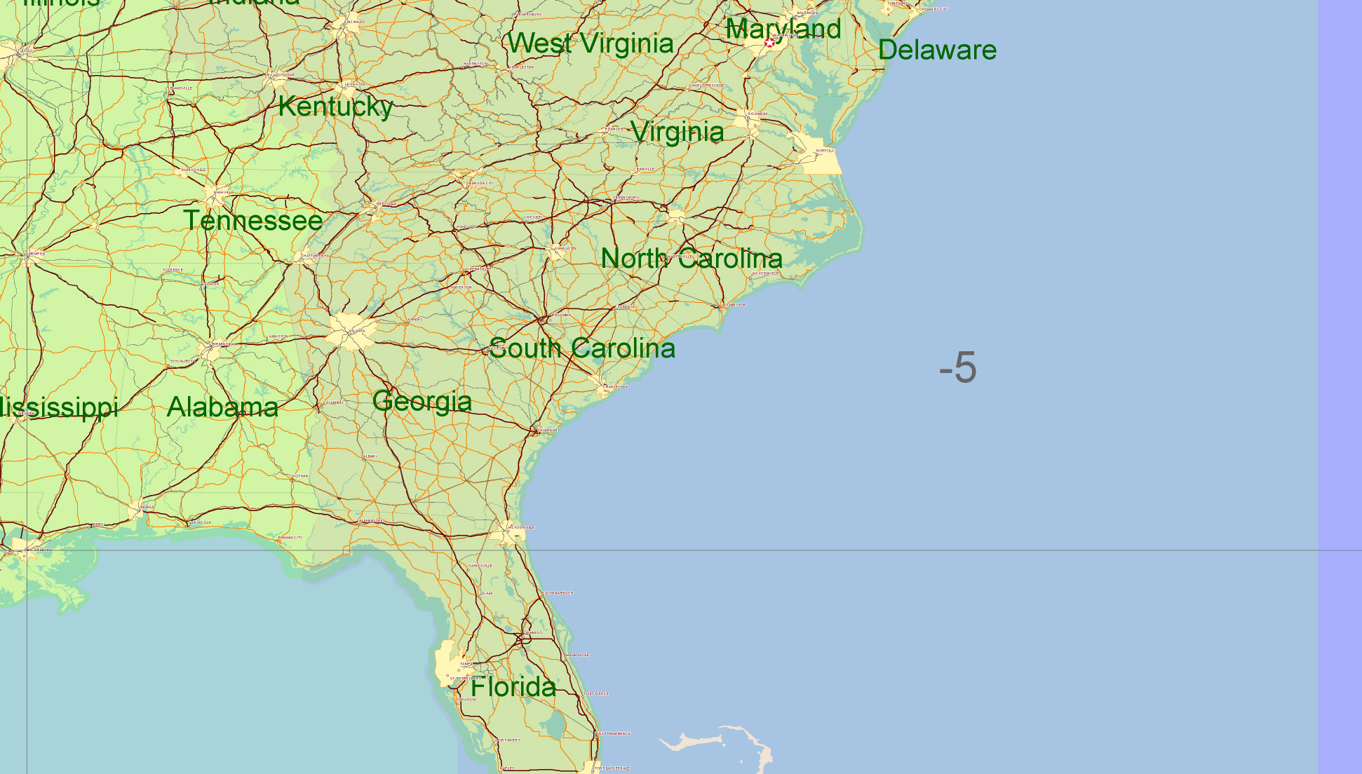 USA Adobe Illustrator vector map in English - HIGH DETAILED, colored, layered