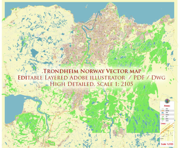 Trondheim Norway Vector Map High Detailed fully editable City Plan - Street Map Adobe Illustrator in layers