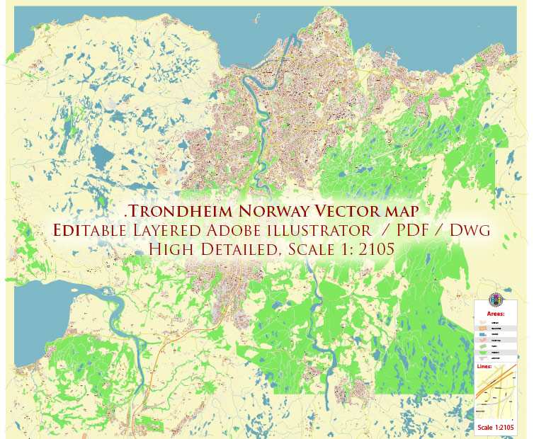 Trondheim Norway Vector Map High Detailed fully editable City Plan - Street Map Adobe Illustrator in layers