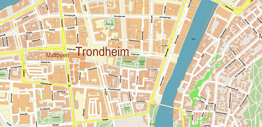 Trondheim Norway Vector Map High Detailed fully editable City Plan - Street Map Adobe Illustrator in layers