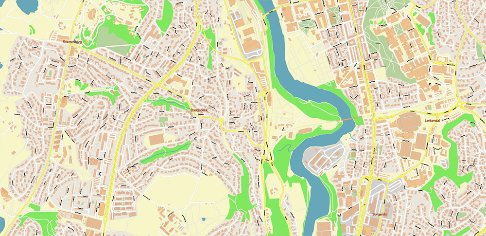 Trondheim Norway Vector Map High Detailed fully editable City Plan - Street Map Adobe Illustrator in layers