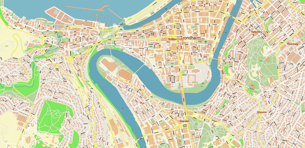 Trondheim Norway Vector Map High Detailed fully editable City Plan - Street Map Adobe Illustrator in layers