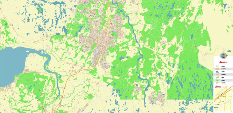 Trondheim Norway Vector Map High Detailed fully editable City Plan - Street Map Adobe Illustrator in layers