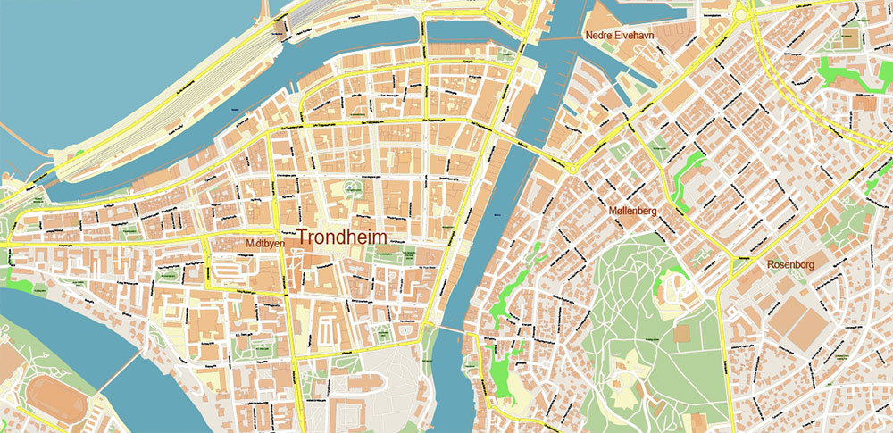 Trondheim Norway Vector Map High Detailed fully editable City Plan - Street Map Adobe Illustrator in layers