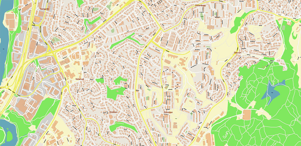 Trondheim Norway Vector Map High Detailed fully editable City Plan - Street Map Adobe Illustrator in layers