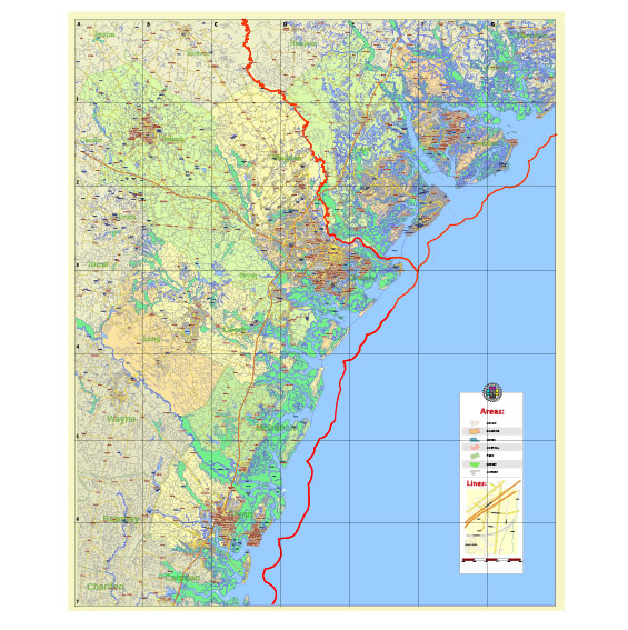 90 inch Georgia, South Carolina US Counties: Liberty, Long, McIntosh, Glynn, Beaufort, Jasper, Effingham, Bulloch, Bryan, Chatham: Map Vector High Detailed Street – Road Map editable Adobe Illustrator in layers