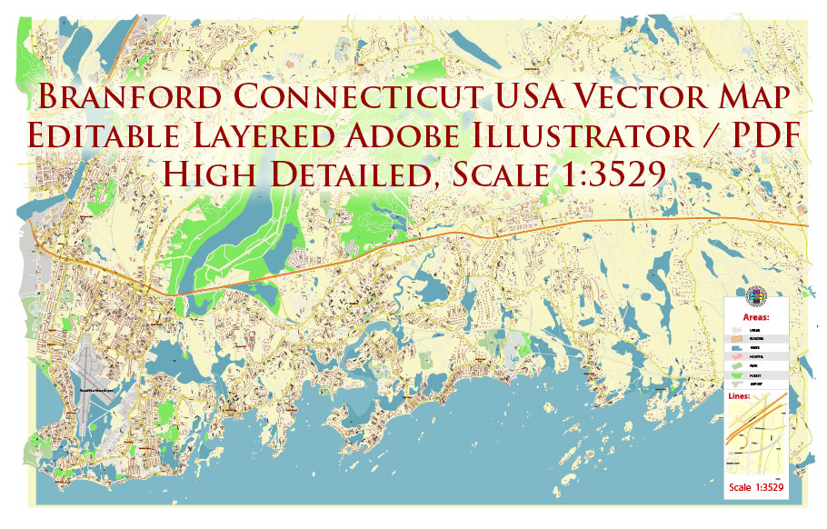 Branford, Connecticut US Map Vector Exact City Plan High Detailed Street Map editable Adobe Illustrator in layers
