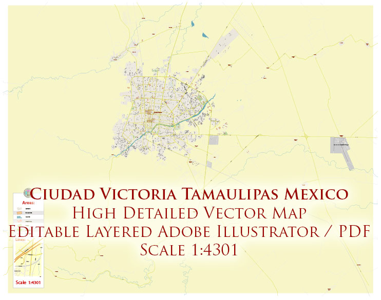 Ciudad Victoria Tamaulipas Mexico Vector Map High Detailed fully editable City Plan - Street Map Adobe Illustrator in layers