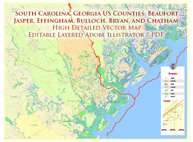 South Carolina, Georgia US Counties: Beaufort, Jasper, Effingham, Bulloch, Bryan, and Chatham Map Vector Exact Extra High Detailed Street Map editable Adobe Illustrator in layers