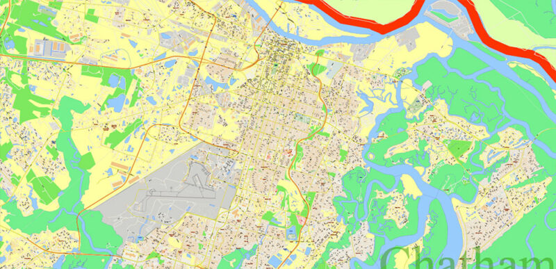 South Carolina, Georgia US Counties: Beaufort, Jasper, Effingham, Bulloch, Bryan, and Chatham Map Vector Exact Extra High Detailed Street Map editable Adobe Illustrator in layers