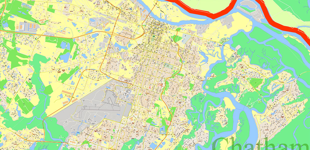 South Carolina, Georgia US Counties: Beaufort, Jasper, Effingham, Bulloch, Bryan, and Chatham Map Vector Exact Extra High Detailed Street Map editable Adobe Illustrator in layers
