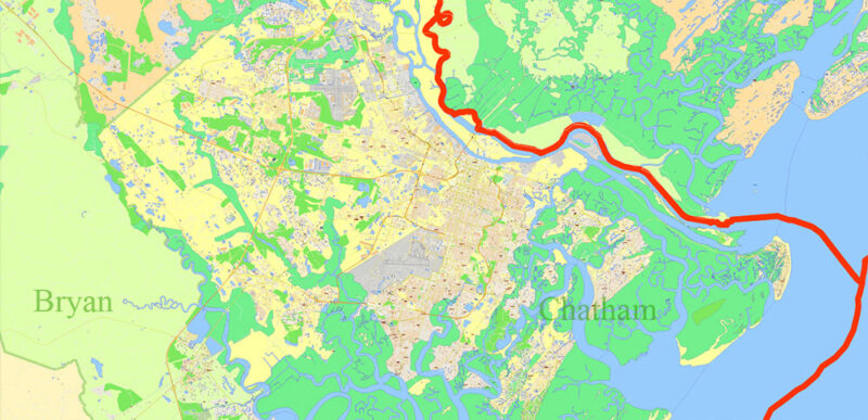 South Carolina, Georgia US Counties: Beaufort, Jasper, Effingham, Bulloch, Bryan, and Chatham Map Vector Exact Extra High Detailed Street Map editable Adobe Illustrator in layers