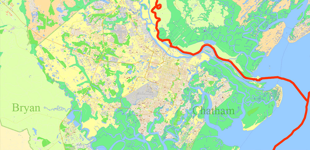 South Carolina, Georgia US Counties: Beaufort, Jasper, Effingham, Bulloch, Bryan, and Chatham Map Vector Exact Extra High Detailed Street Map editable Adobe Illustrator in layers