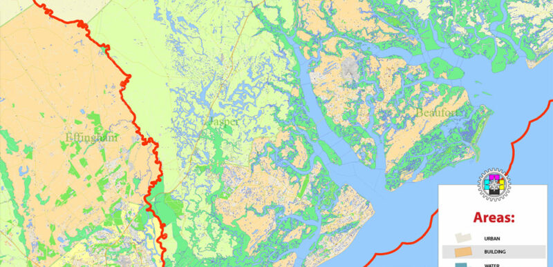South Carolina, Georgia US Counties: Beaufort, Jasper, Effingham, Bulloch, Bryan, and Chatham Map Vector Exact Extra High Detailed Street Map editable Adobe Illustrator in layers