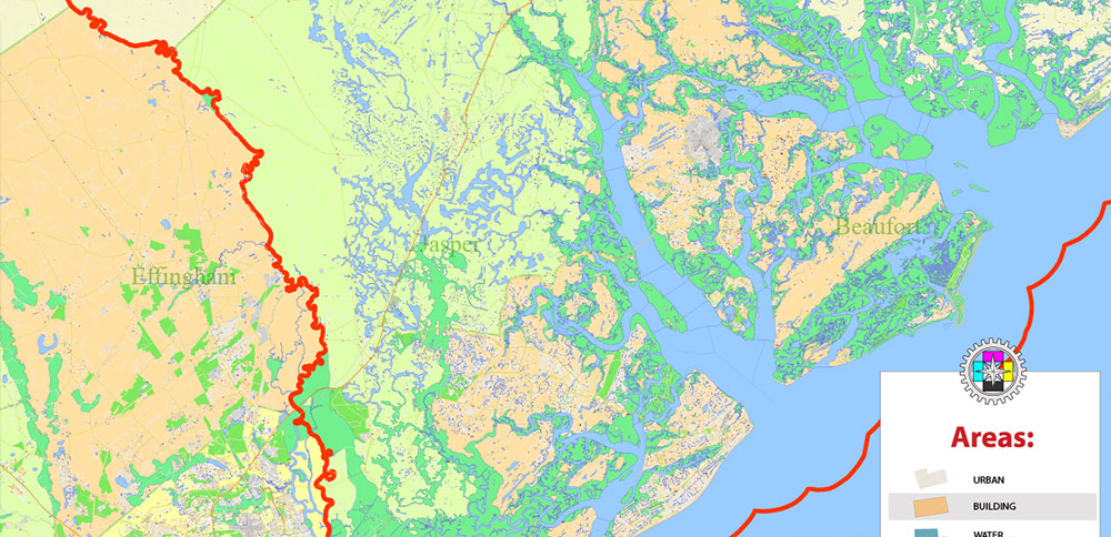 South Carolina, Georgia US Counties: Beaufort, Jasper, Effingham, Bulloch, Bryan, and Chatham Map Vector Exact Extra High Detailed Street Map editable Adobe Illustrator in layers