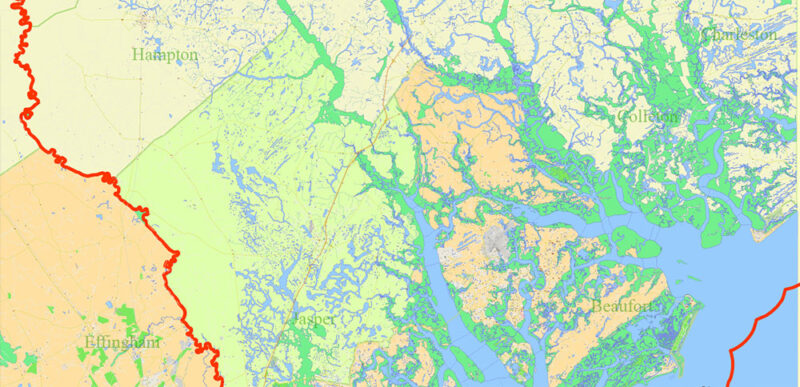 South Carolina, Georgia US Counties: Beaufort, Jasper, Effingham, Bulloch, Bryan, and Chatham Map Vector Exact Extra High Detailed Street Map editable Adobe Illustrator in layers
