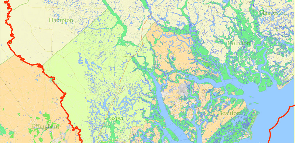 South Carolina, Georgia US Counties: Beaufort, Jasper, Effingham, Bulloch, Bryan, and Chatham Map Vector Exact Extra High Detailed Street Map editable Adobe Illustrator in layers
