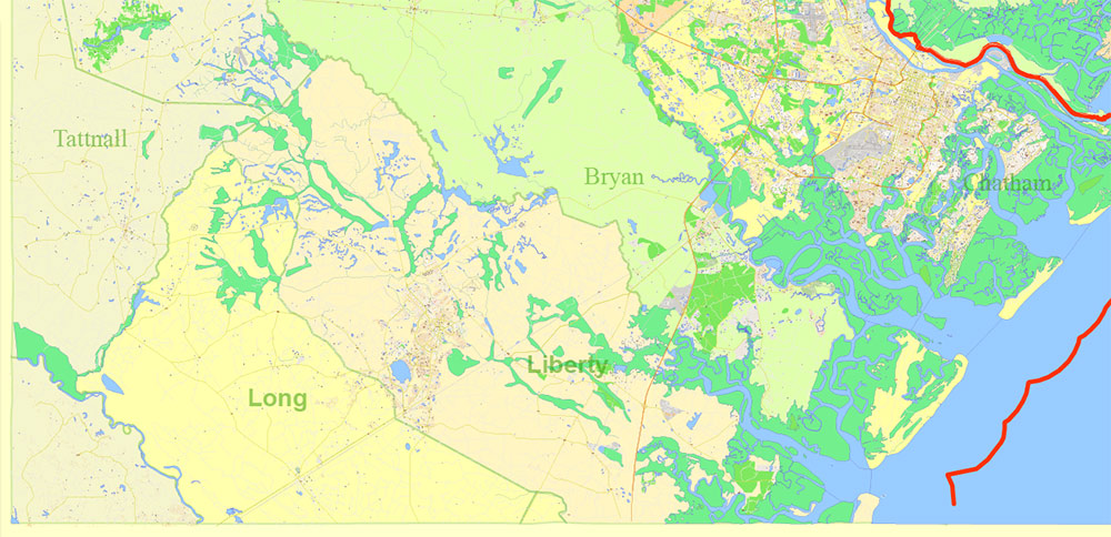 South Carolina, Georgia US Counties: Beaufort, Jasper, Effingham, Bulloch, Bryan, and Chatham Map Vector Exact Extra High Detailed Street Map editable Adobe Illustrator in layers