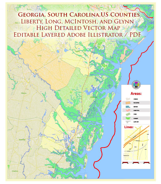 Georgia, South Carolina US Counties: Liberty, Long, McIntosh, and Glynn Map Vector Exact Extra High Detailed Street - Road Map editable Adobe Illustrator in layers