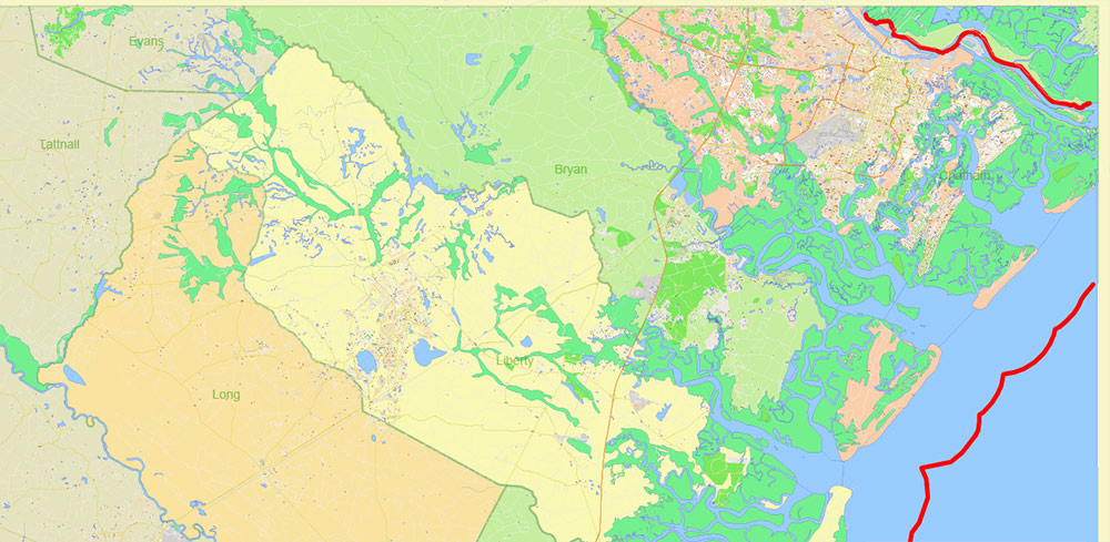 Georgia, South Carolina US Counties: Liberty, Long, McIntosh, and Glynn Map Vector Exact Extra High Detailed Street - Road Map editable Adobe Illustrator in layers