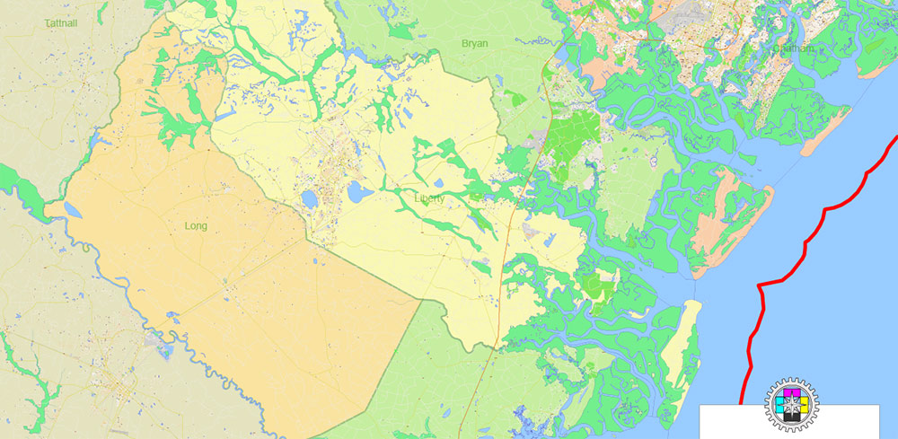Georgia, South Carolina US Counties: Liberty, Long, McIntosh, and Glynn Map Vector Exact Extra High Detailed Street - Road Map editable Adobe Illustrator in layers