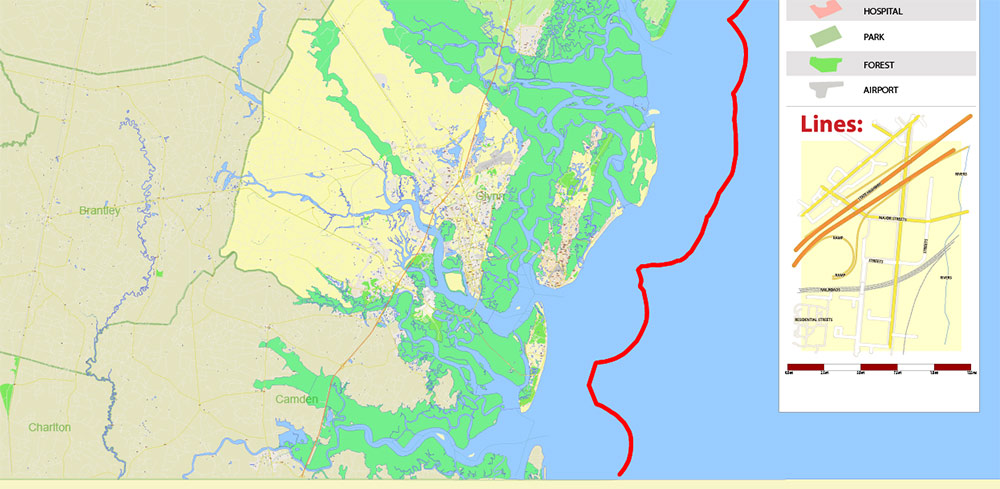Georgia, South Carolina US Counties: Liberty, Long, McIntosh, and Glynn Map Vector Exact Extra High Detailed Street - Road Map editable Adobe Illustrator in layers
