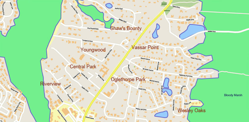Georgia, South Carolina US Counties: Liberty, Long, McIntosh, and Glynn Map Vector Exact Extra High Detailed Street - Road Map editable Adobe Illustrator in layers