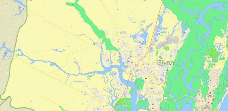 Georgia, South Carolina US Counties: Liberty, Long, McIntosh, and Glynn Map Vector Exact Extra High Detailed Street - Road Map editable Adobe Illustrator in layers