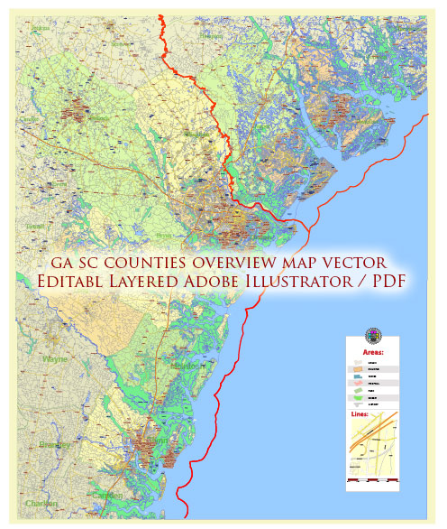 Georgia, South Carolina US Counties: Liberty, Long, McIntosh, Glynn, Beaufort, Jasper, Effingham, Bulloch, Bryan, Chatham: Map Vector High Detailed Street – Road Map editable Adobe Illustrator in layers