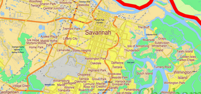 Georgia, South Carolina US Counties: Liberty, Long, McIntosh, Glynn, Beaufort, Jasper, Effingham, Bulloch, Bryan, Chatham: Map Vector High Detailed Street – Road Map editable Adobe Illustrator in layers