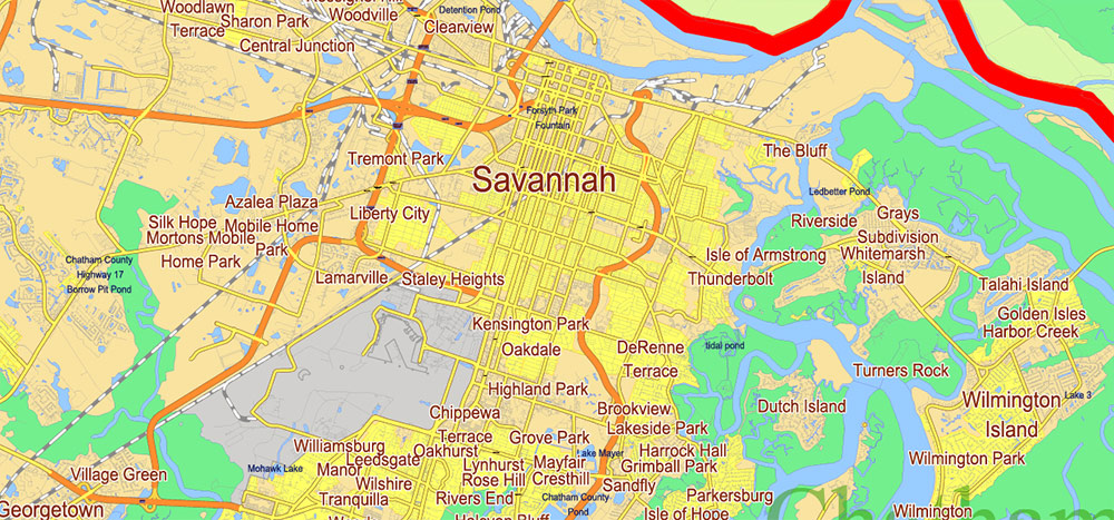 Georgia, South Carolina US Counties: Liberty, Long, McIntosh, Glynn, Beaufort, Jasper, Effingham, Bulloch, Bryan, Chatham: Map Vector High Detailed Street – Road Map editable Adobe Illustrator in layers