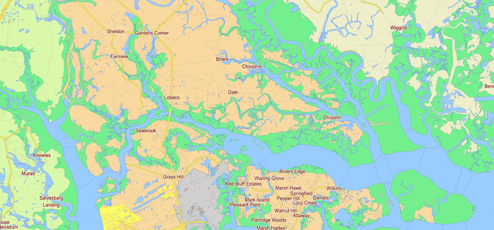 Georgia, South Carolina US Counties: Liberty, Long, McIntosh, Glynn, Beaufort, Jasper, Effingham, Bulloch, Bryan, Chatham: Map Vector High Detailed Street – Road Map editable Adobe Illustrator in layers