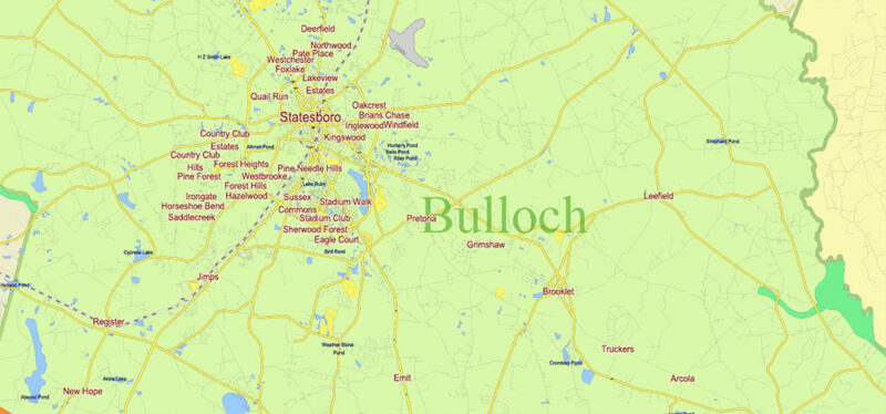 Georgia, South Carolina US Counties: Liberty, Long, McIntosh, Glynn, Beaufort, Jasper, Effingham, Bulloch, Bryan, Chatham: Map Vector High Detailed Street – Road Map editable Adobe Illustrator in layers