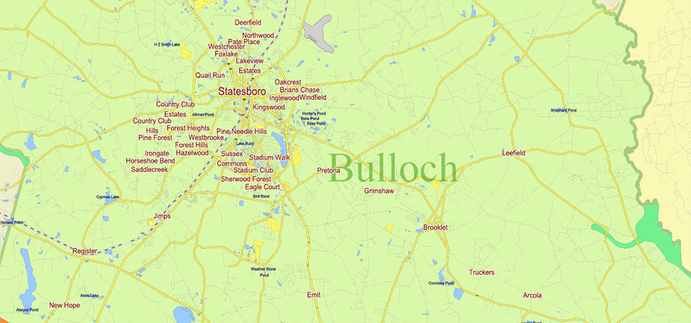 Georgia, South Carolina US Counties: Liberty, Long, McIntosh, Glynn, Beaufort, Jasper, Effingham, Bulloch, Bryan, Chatham: Map Vector High Detailed Street – Road Map editable Adobe Illustrator in layers