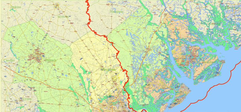 Georgia, South Carolina US Counties: Liberty, Long, McIntosh, Glynn, Beaufort, Jasper, Effingham, Bulloch, Bryan, Chatham: Map Vector High Detailed Street – Road Map editable Adobe Illustrator in layers