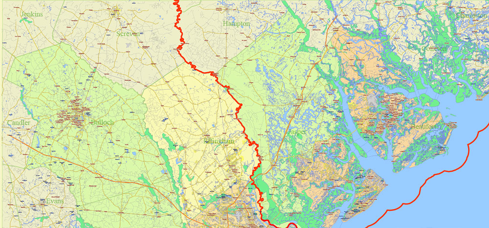 Georgia, South Carolina US Counties: Liberty, Long, McIntosh, Glynn, Beaufort, Jasper, Effingham, Bulloch, Bryan, Chatham: Map Vector High Detailed Street – Road Map editable Adobe Illustrator in layers