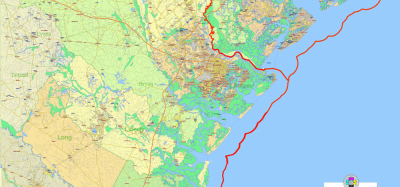 Georgia, South Carolina US Counties: Liberty, Long, McIntosh, Glynn, Beaufort, Jasper, Effingham, Bulloch, Bryan, Chatham: Map Vector High Detailed Street – Road Map editable Adobe Illustrator in layers