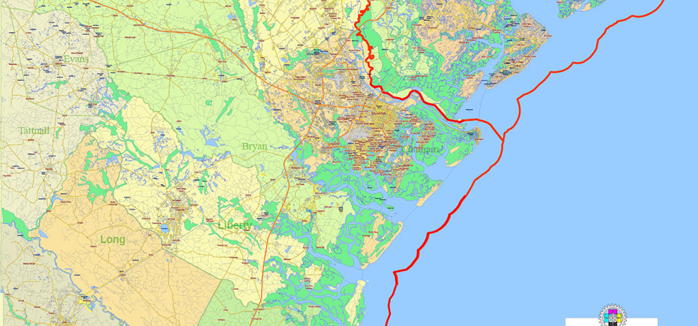 Georgia, South Carolina US Counties: Liberty, Long, McIntosh, Glynn, Beaufort, Jasper, Effingham, Bulloch, Bryan, Chatham: Map Vector High Detailed Street – Road Map editable Adobe Illustrator in layers